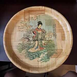 Goddess of the Lo River Chinese Bamboo Plate Round Hand Painted Tray Artwork